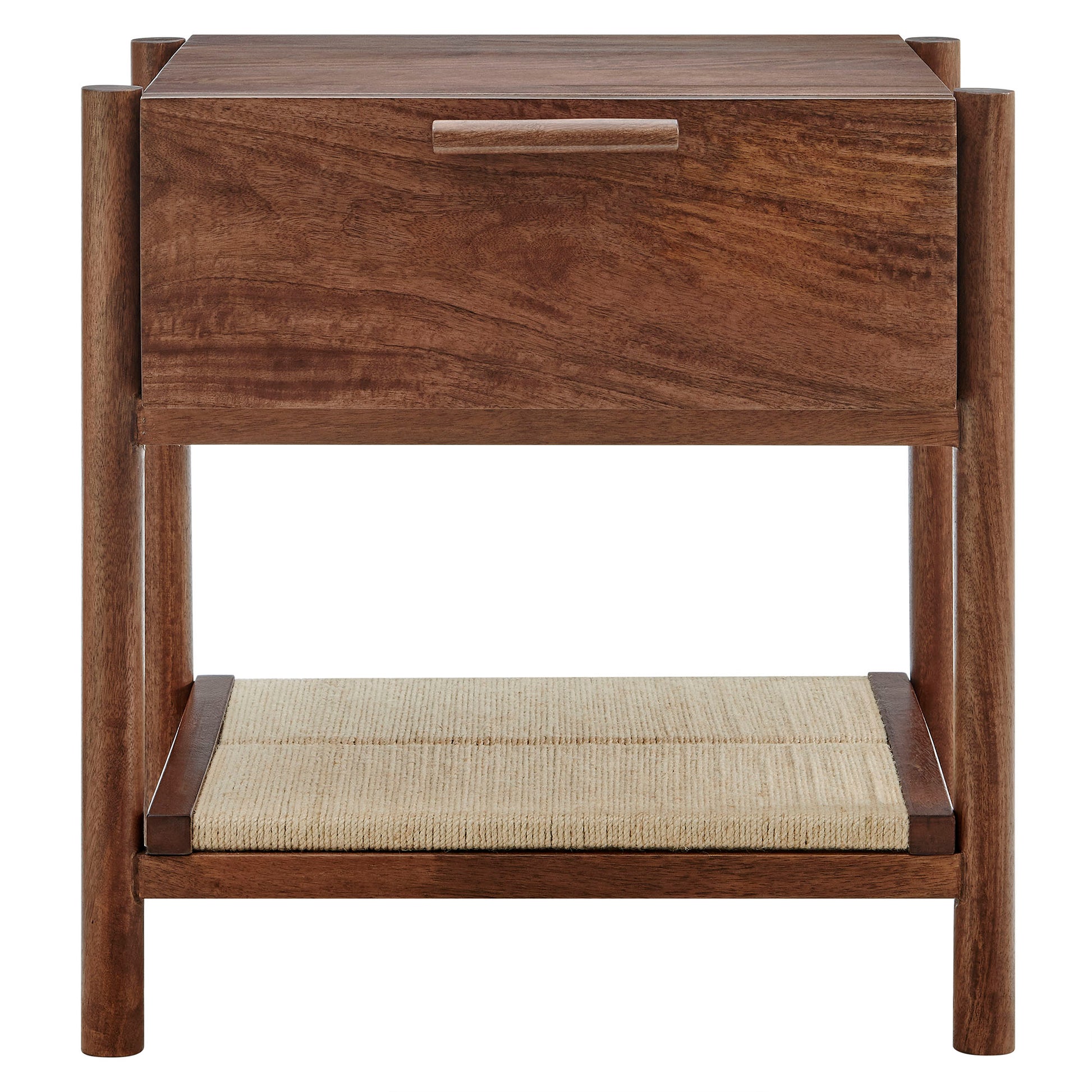 Walnut-finish mid-century end table with a single drawer and woven cane lower shelf.