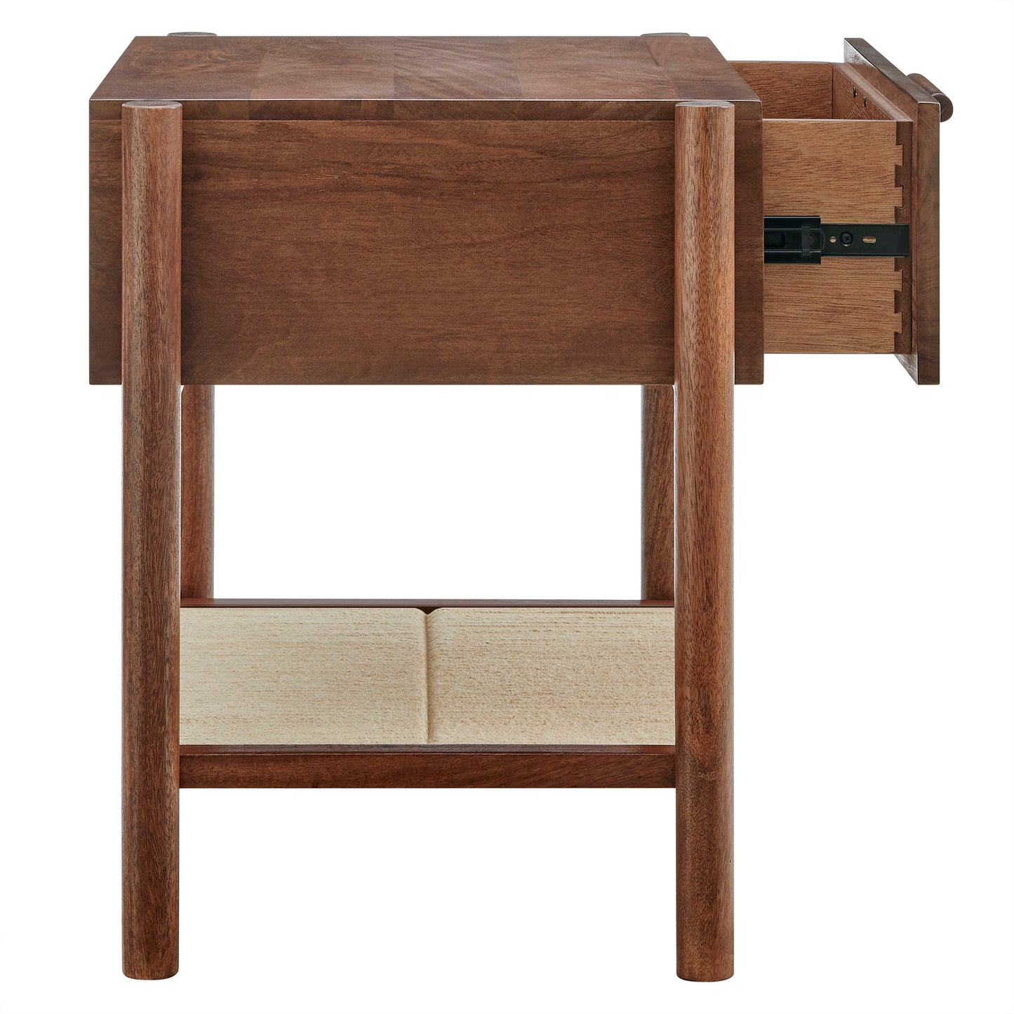 Walnut wood nightstand with 1-drawer and open lower shelf, holding two beige fabric storage bins.