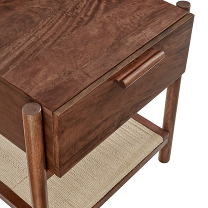 Walnut-finish wooden nightstand with a single drawer, rounded handle, and a lower woven rattan shelf.