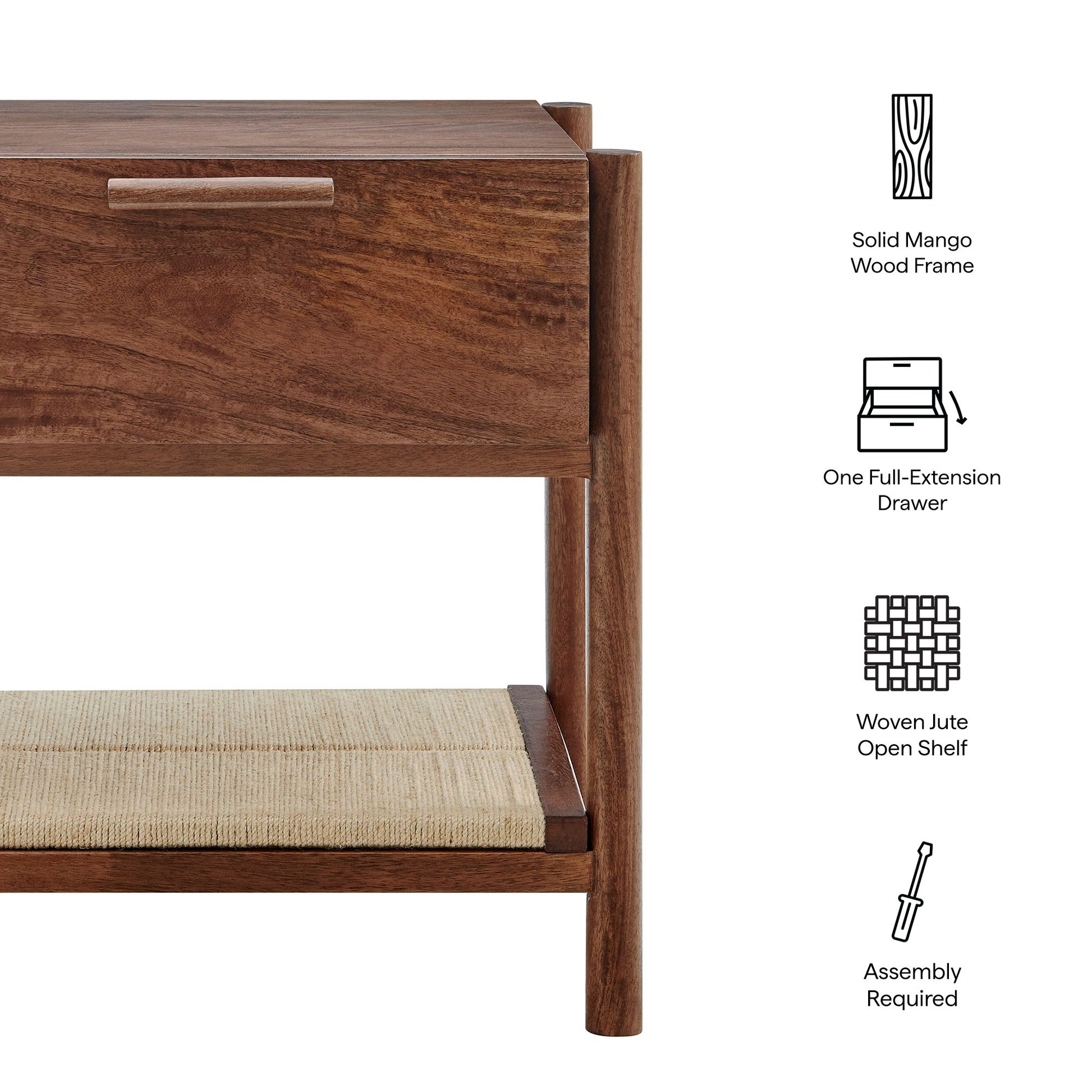 Walnut-finished solid mango wood frame with one full-extension drawer and woven jute open shelf.