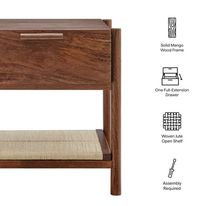 Walnut-finished solid mango wood frame with one full-extension drawer and woven jute open shelf.