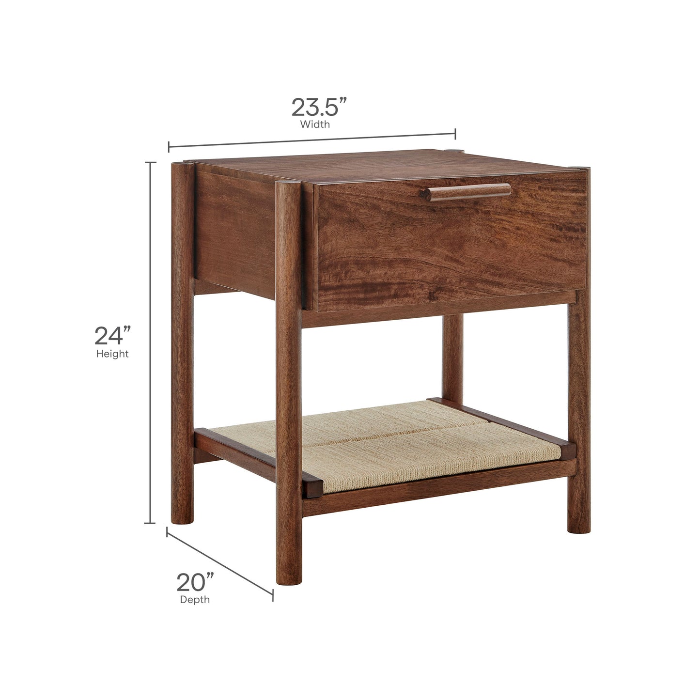 Walnut wood nightstand with a single front drawer and lower woven shelf; 24"H x 23.5"W x 20"D.