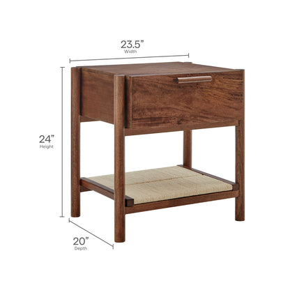 Walnut wood nightstand with a single front drawer and lower woven shelf; 24"H x 23.5"W x 20"D.