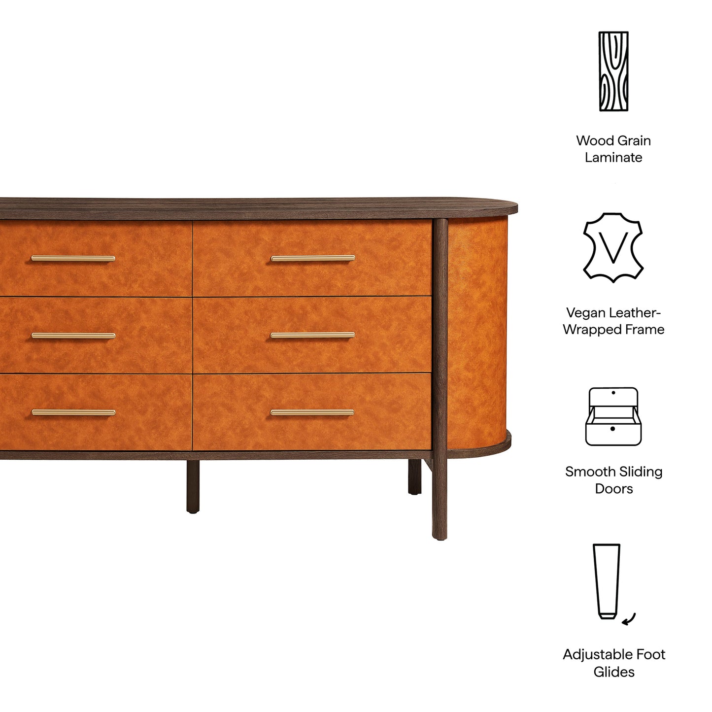 Modway - Coralie Curved 6-Drawer Vegan Leather Oval Dresser by Modway Bedroom Case Goods Walnut Tan - MOD-7228-WAL-TAN