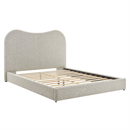 Beige textured fabric upholstered bed frame with curved tall headboard and slatted platform.