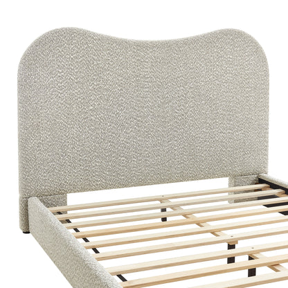 Beige boucle upholstered bed frame with curved headboard & wooden slat base.
