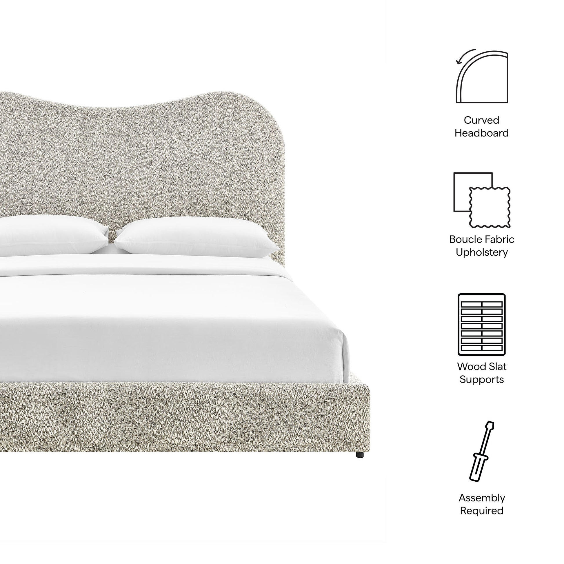 Beige boucle upholstered platform bed with a curved headboard and wood slat supports; assembly required.
