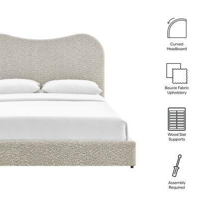 Beige boucle upholstered platform bed with a curved headboard and wood slat supports; assembly required.
