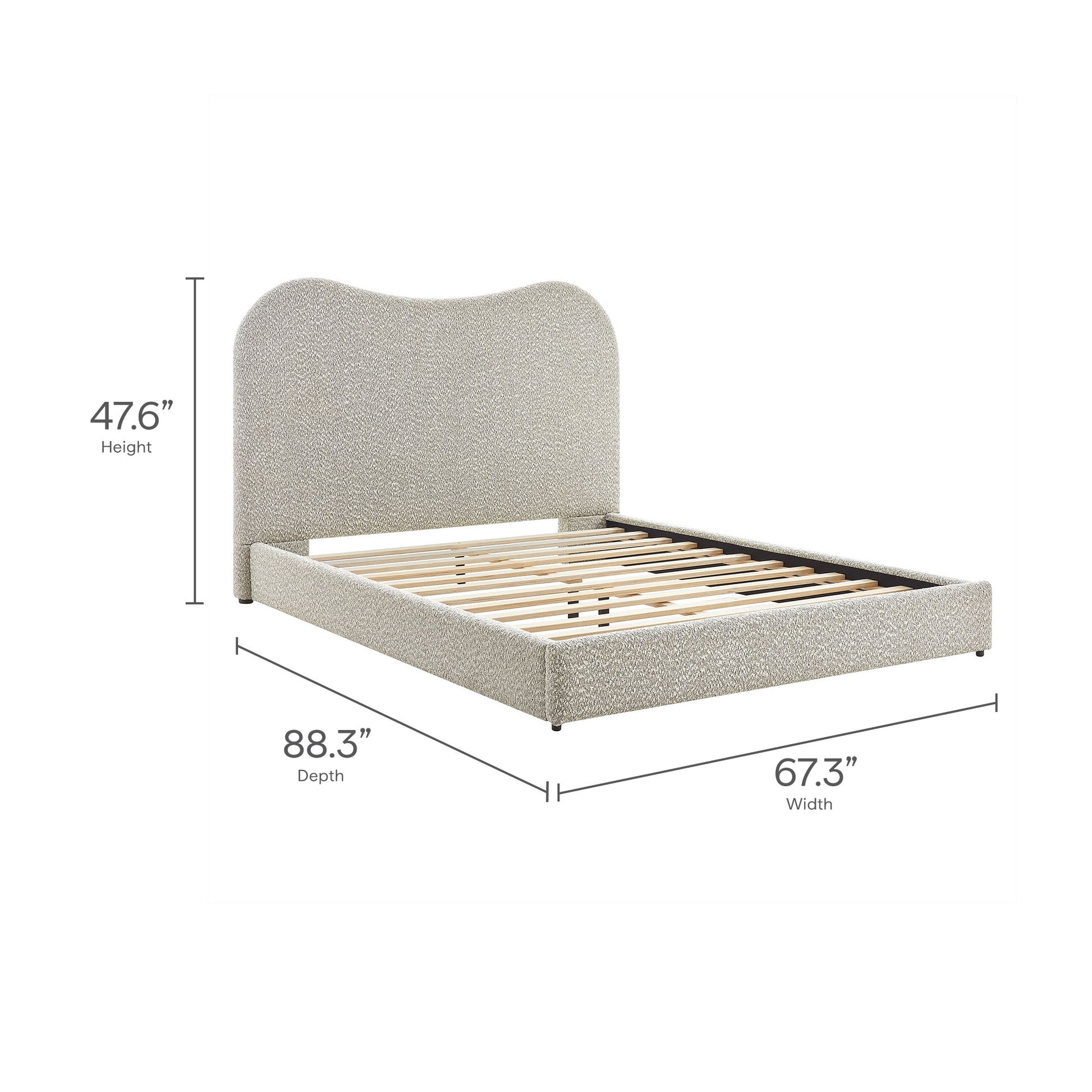 Beige upholstered bed with tall curved headboard, slatted wood base, platform style; 67.3W x 88.3D x 47.6H.