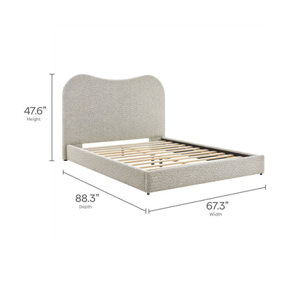 Beige upholstered bed with tall curved headboard, slatted wood base, platform style; 67.3W x 88.3D x 47.6H.