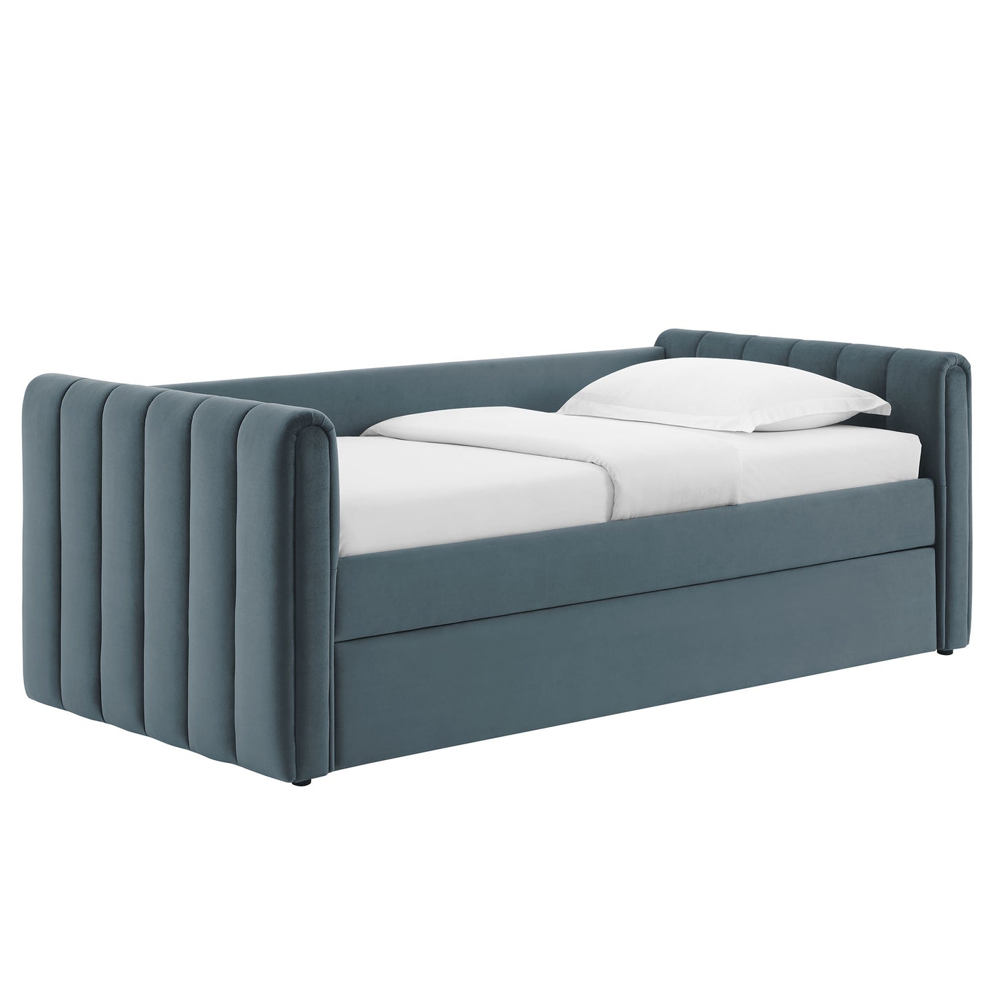 Teal velvet bed with tall vertical-channel side rails and headboard, two twin mattresses with white bedding.