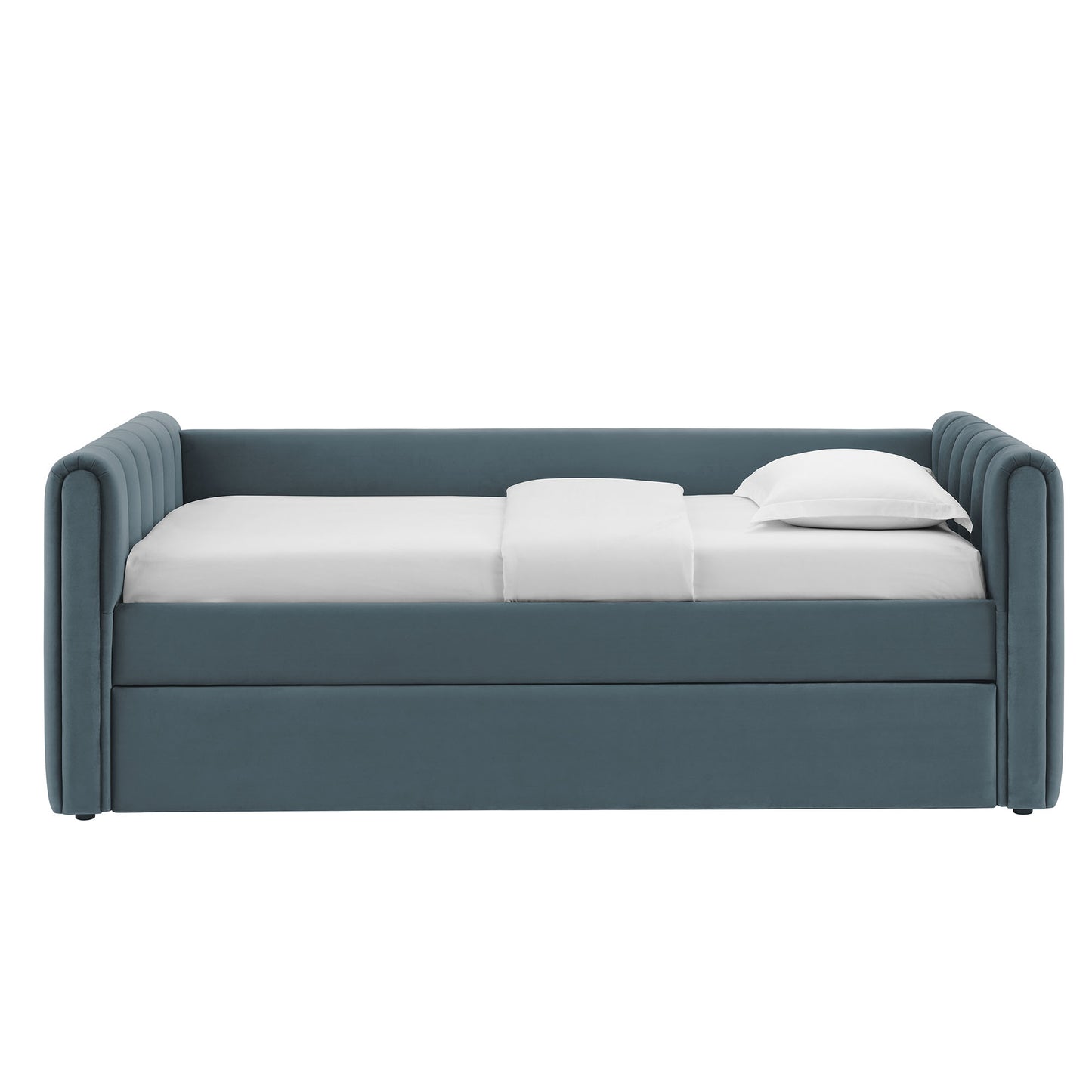 Cadet blue performance velvet twin daybed with trundle featuring channel tufting.