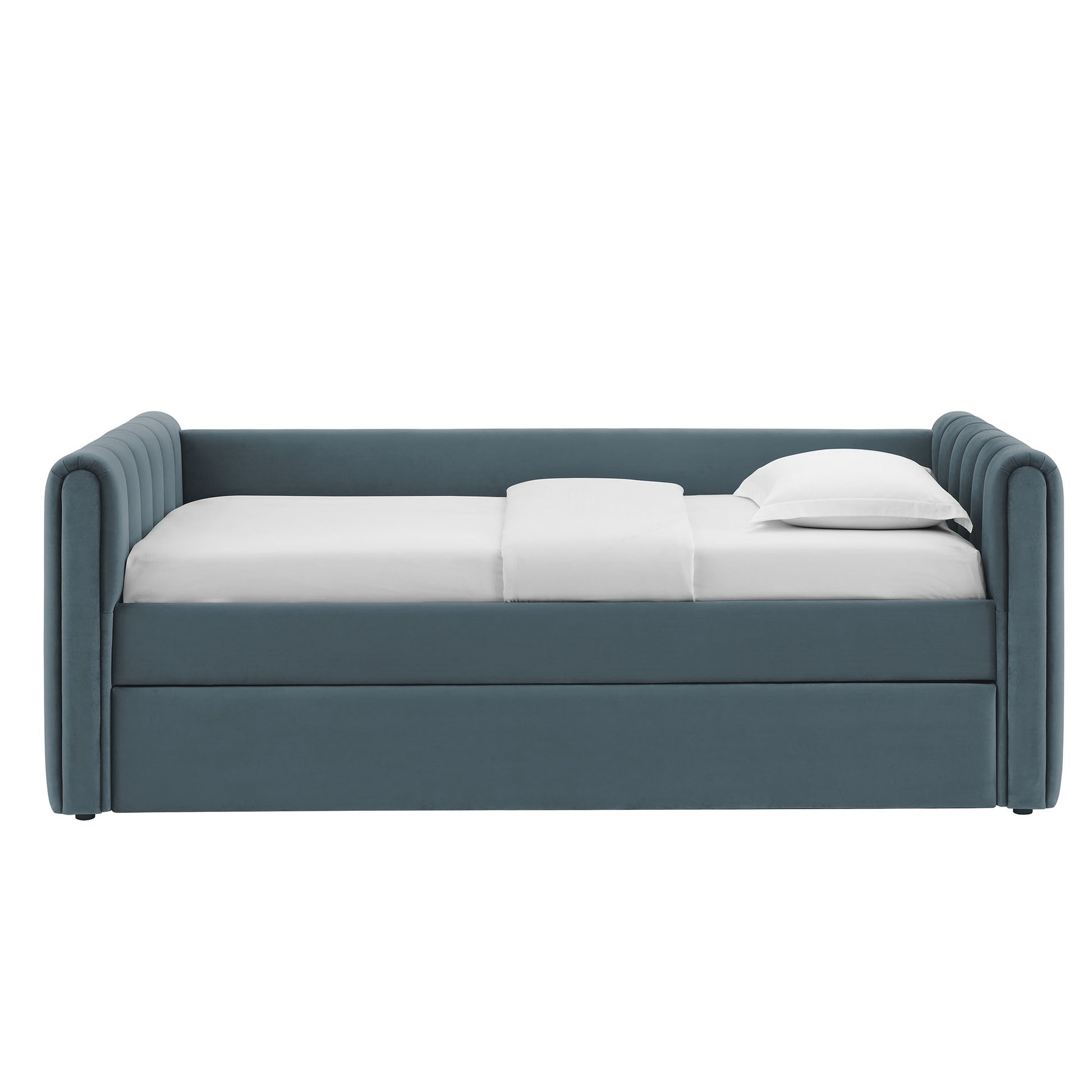 Cadet blue performance velvet twin daybed with trundle featuring channel tufting.