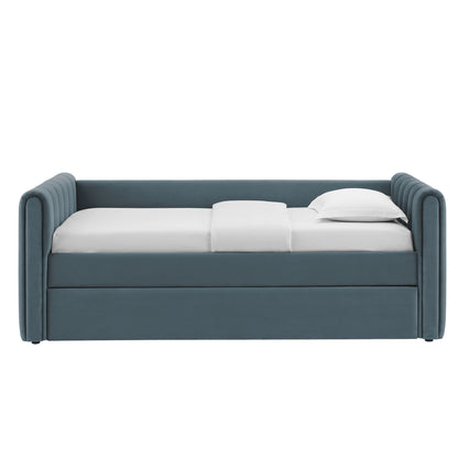 Cadet blue performance velvet twin daybed with trundle featuring channel tufting.