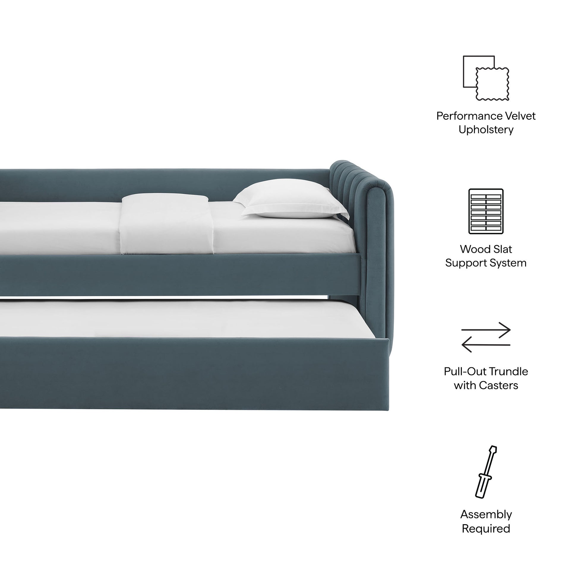 Cadet blue velvet twin daybed with channel-tufted headboard and trundle; low-profile frame; pull-out trundle on casters with wood slat support.