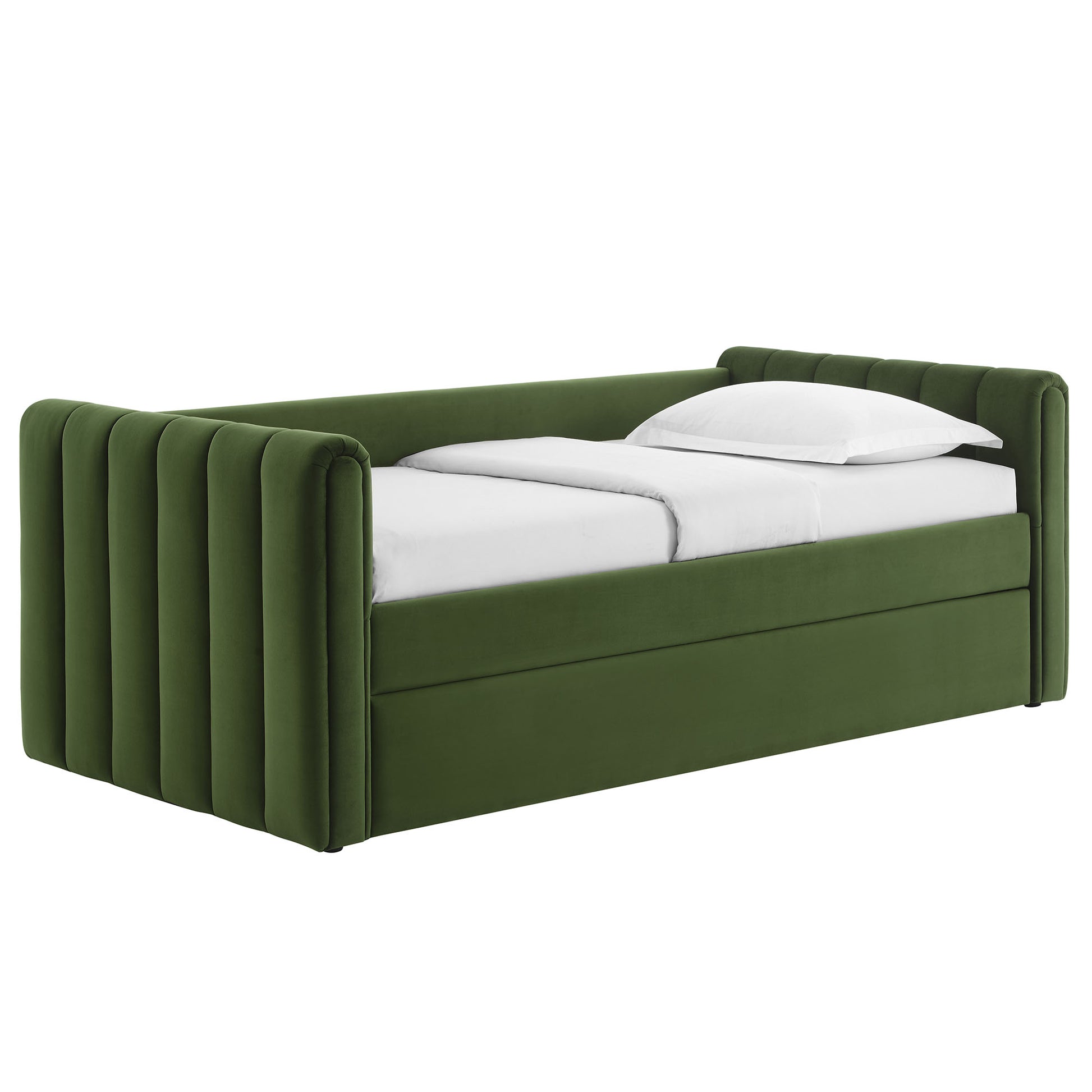 Moss green velvet twin daybed with vertical channel-tufted sides and a trundle.