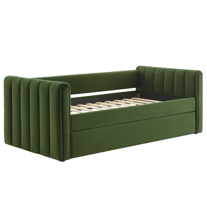 MOD-7234-MOG: Forest green velvet daybed frame with tall channel-tufted arms and slatted bed base