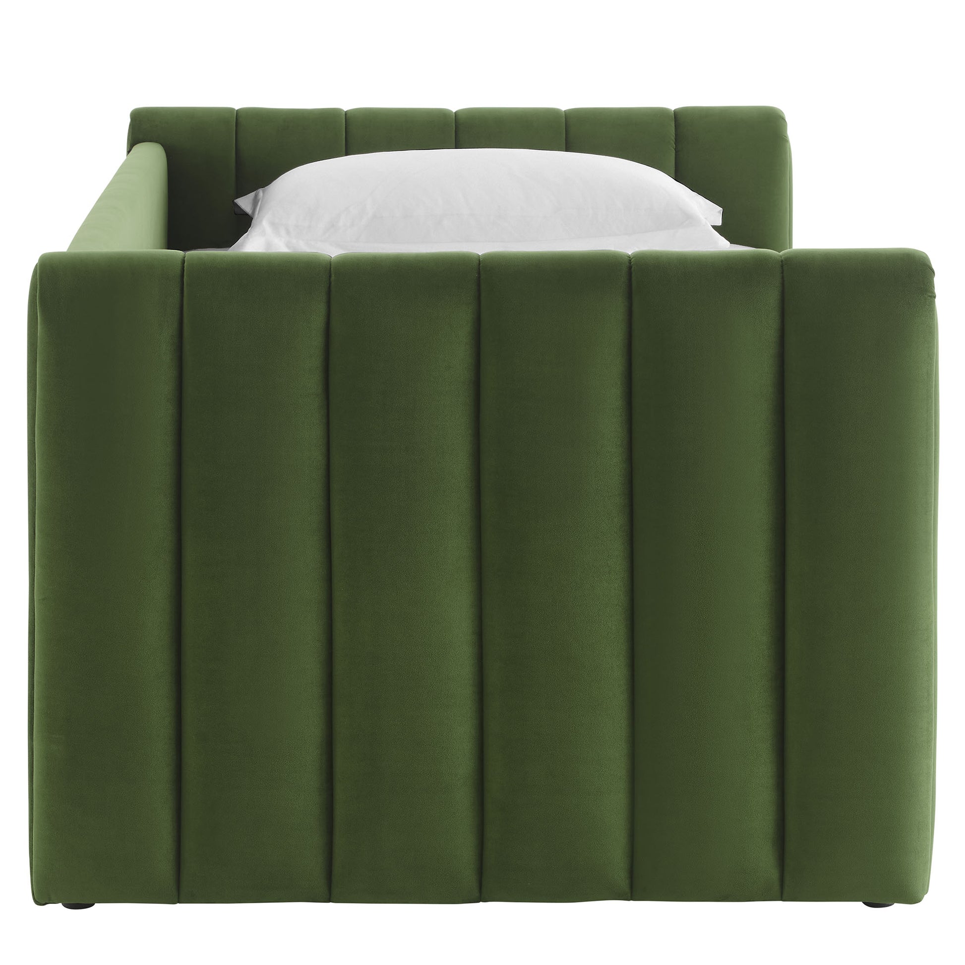 Moss green velvet daybed with tall vertical channel-tufted sides and a white pillow.
