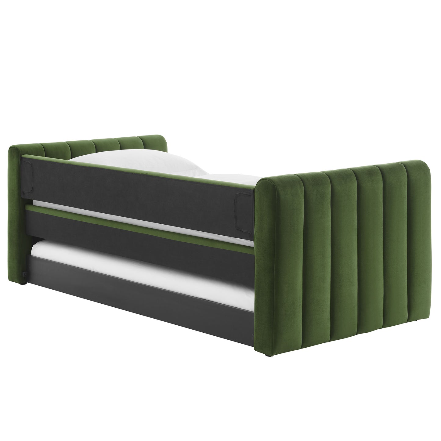 Moss green velvet twin daybed with channel-tufted back panel and trundle.