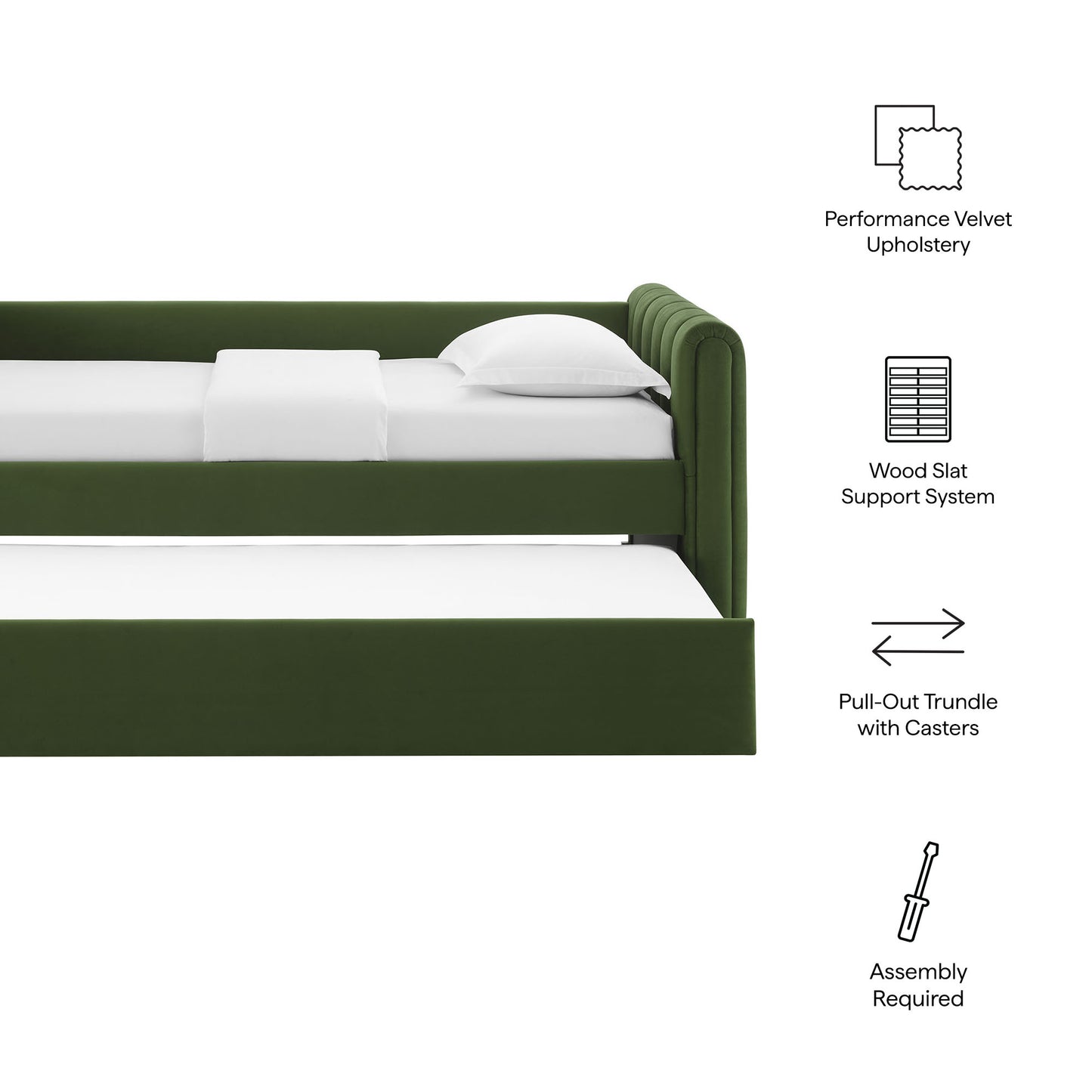 Moss green velvet twin daybed with pull-out trundle on casters and white bedding.