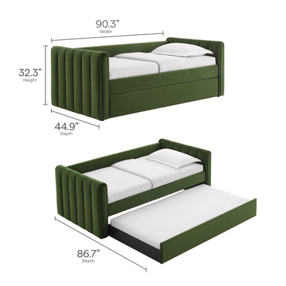 Moss green velvet twin daybed with vertical channel tufting and a trundle