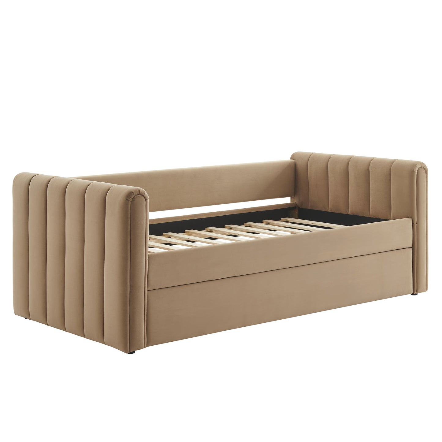 Taupe upholstered daybed sofa with vertical channel tufting on arms and back, slatted bed base.