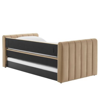 Taupe upholstered twin daybed with tall channel-tufted headboard and footboard, and a trundle.