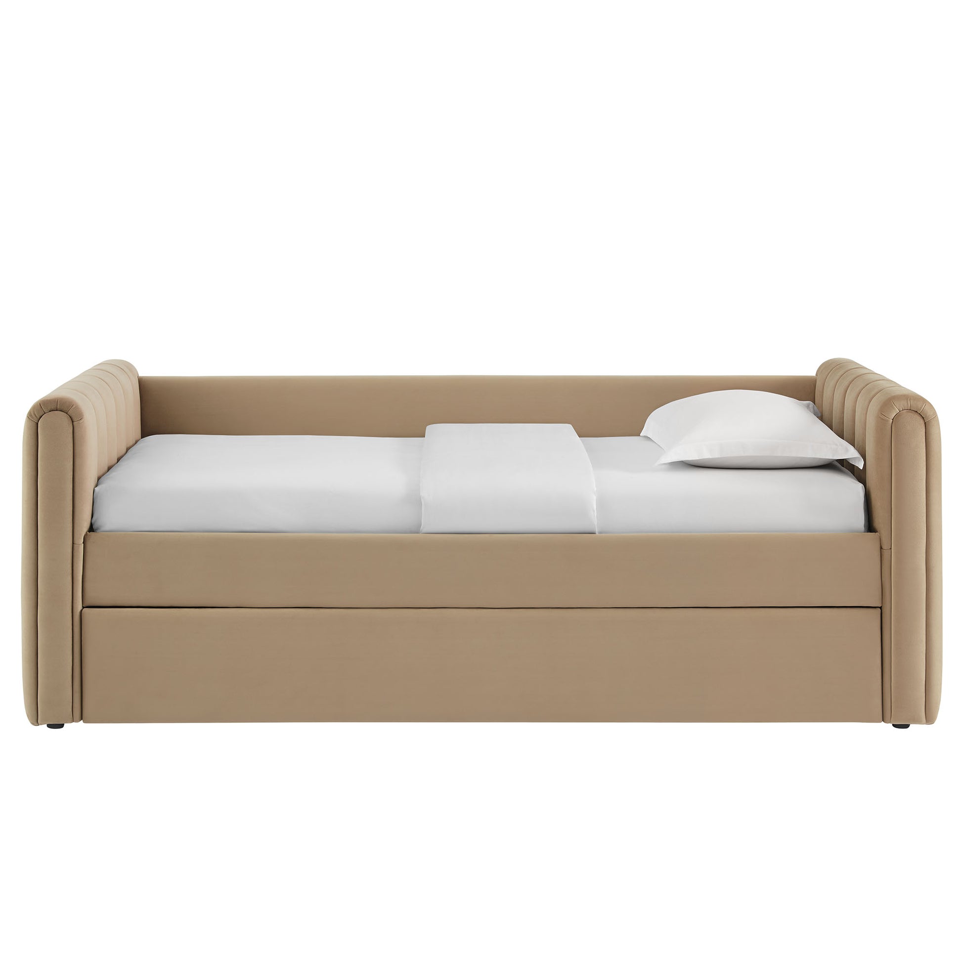 Taupe upholstered twin daybed with padded arms and pull-out trundle, dressed in white sheets and pillow.