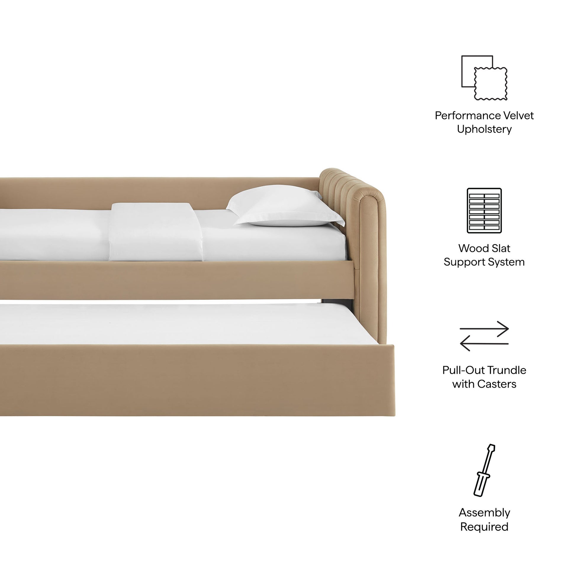 Taupe velvet upholstered twin channel-tufted daybed with pull-out trundle on casters and wood slat support; assembly required.