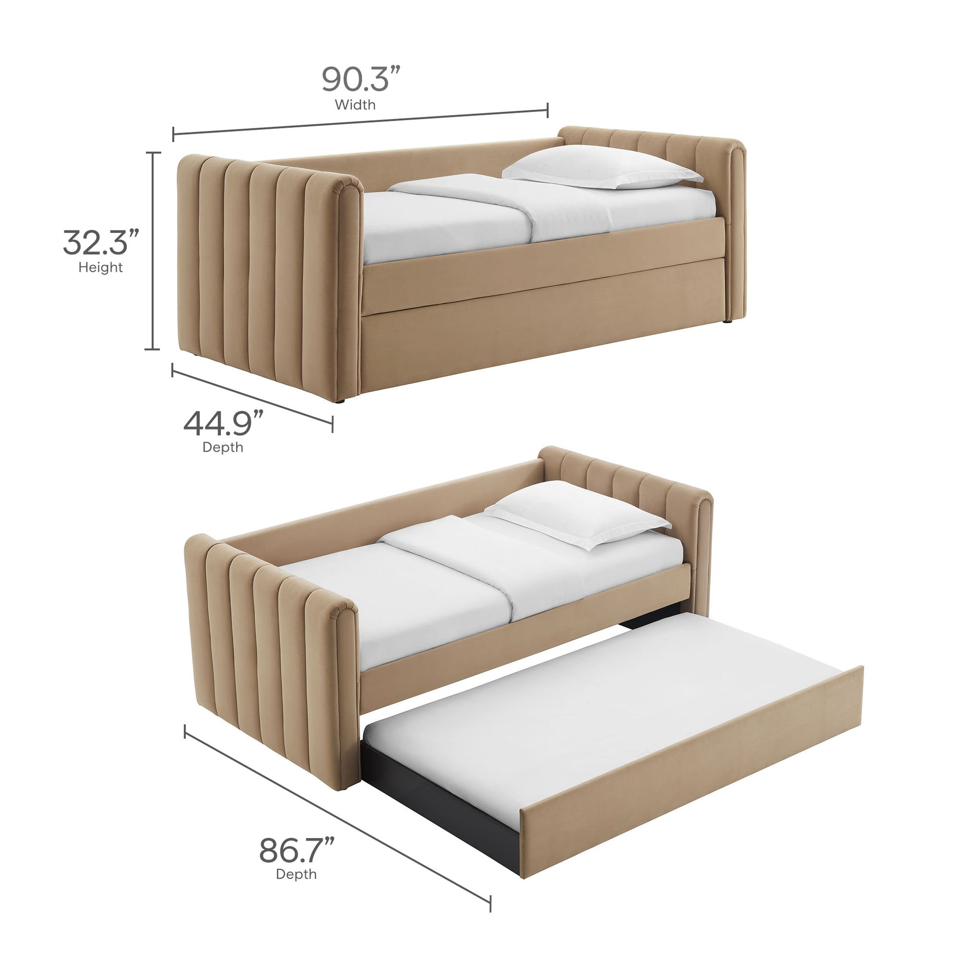 Taupe twin daybed with tall vertical channel tufting on the headboard and sides; includes a pull-out trundle.