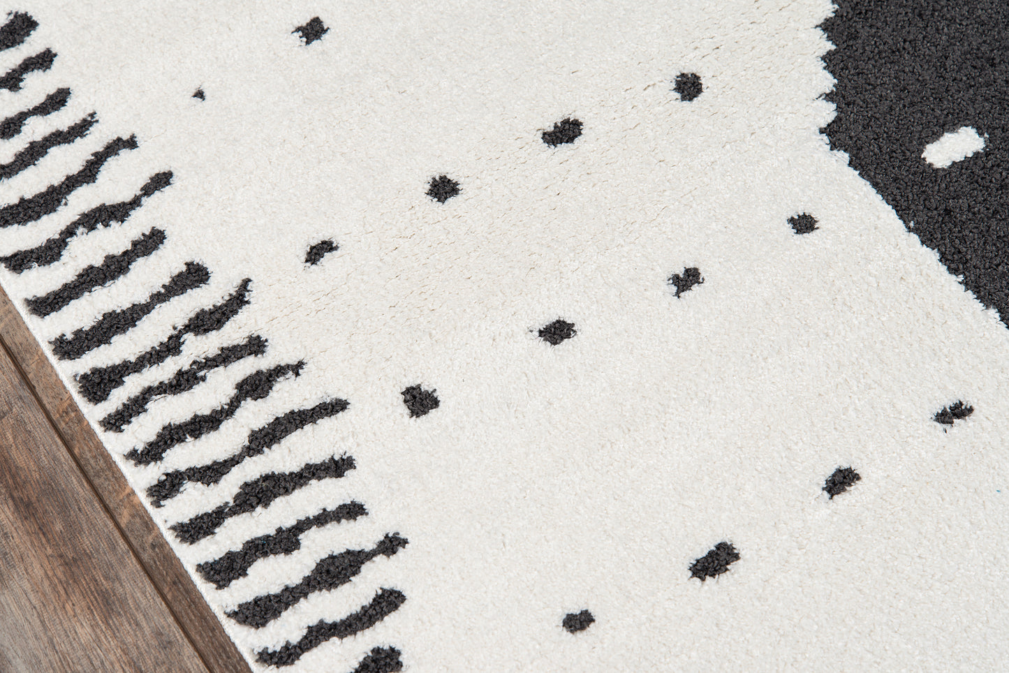 Ivory shag rug with scattered black dots and fringe trim along edge on dark wood floor