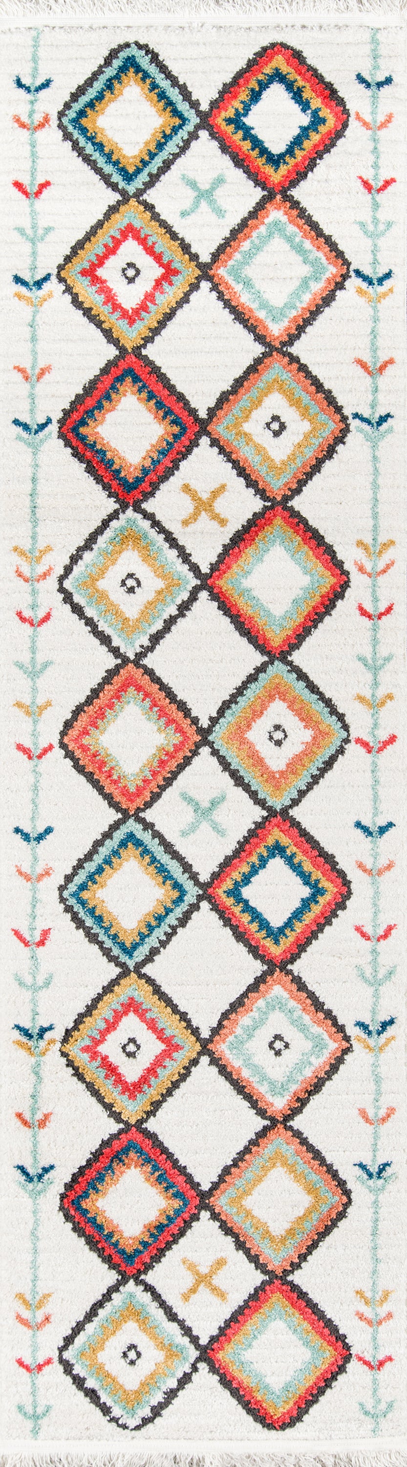 Boho rug with stacked diamond motifs in turquoise, coral, yellow on white; pastel side borders and fringed ends.
