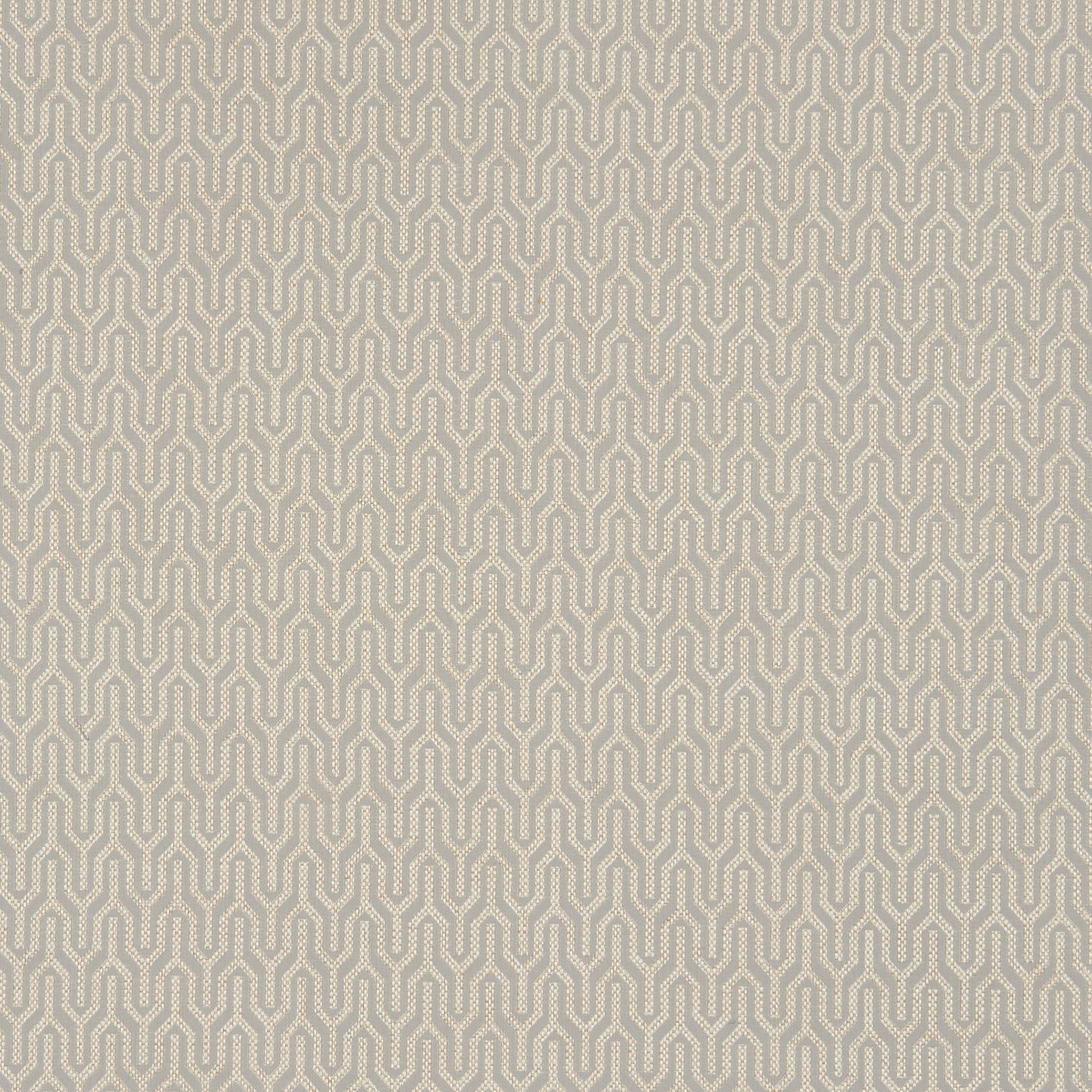 Beige background with a grey/silver interlocking geometric chain pattern on twill fabric; retro-modern.