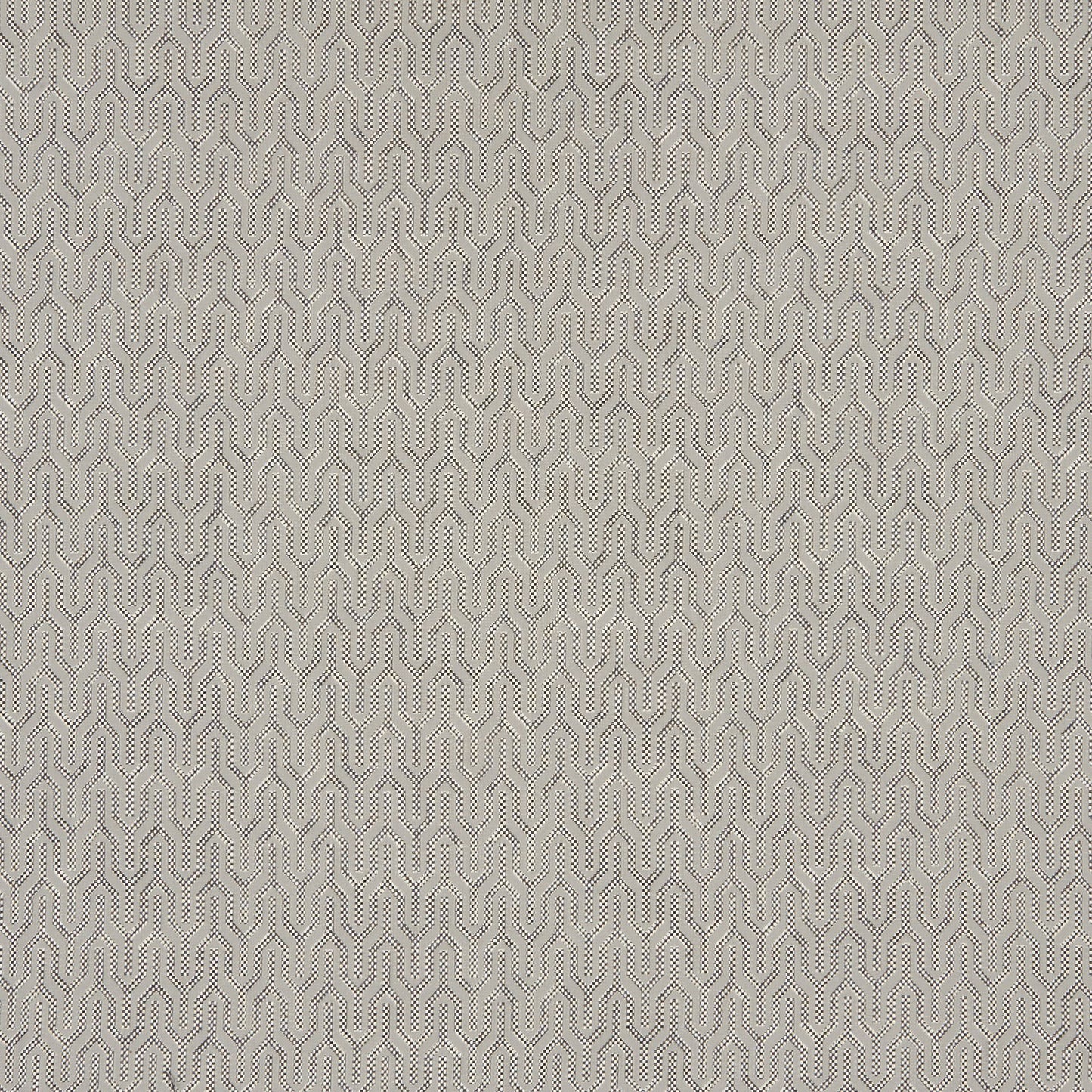 Neutral gray-beige fabric with a repeating white geometric chain pattern on twill texture.