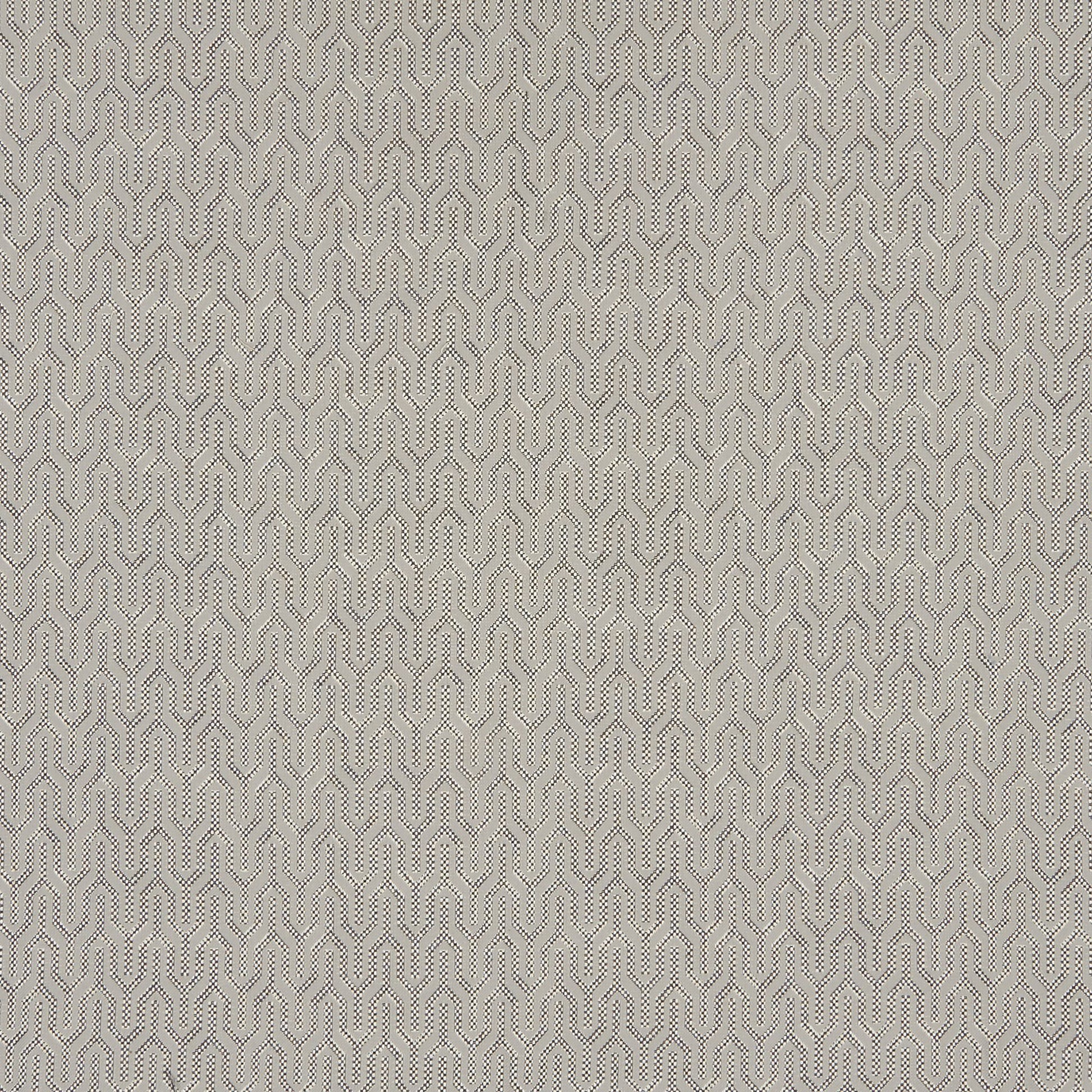 Neutral gray-beige fabric with a repeating white geometric chain pattern on twill texture.