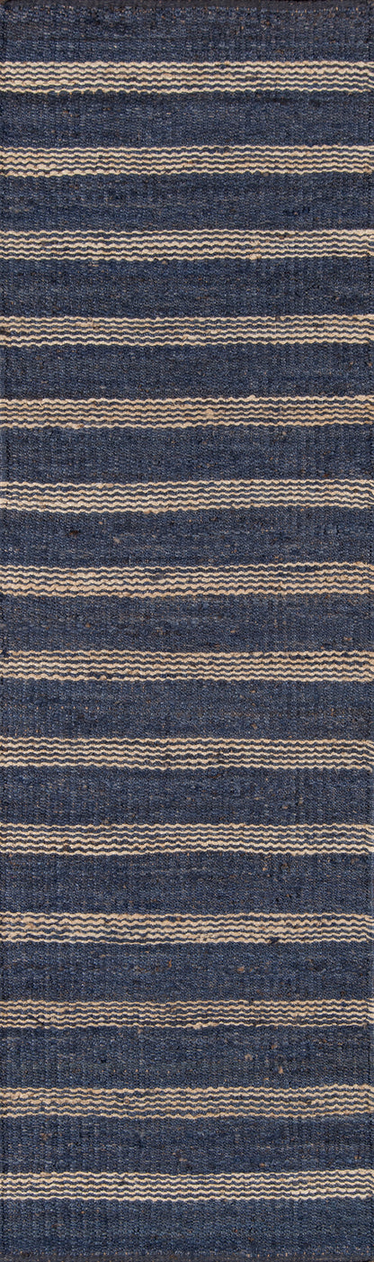 Navy blue woven rug with cream wavy stripes and textured surface.