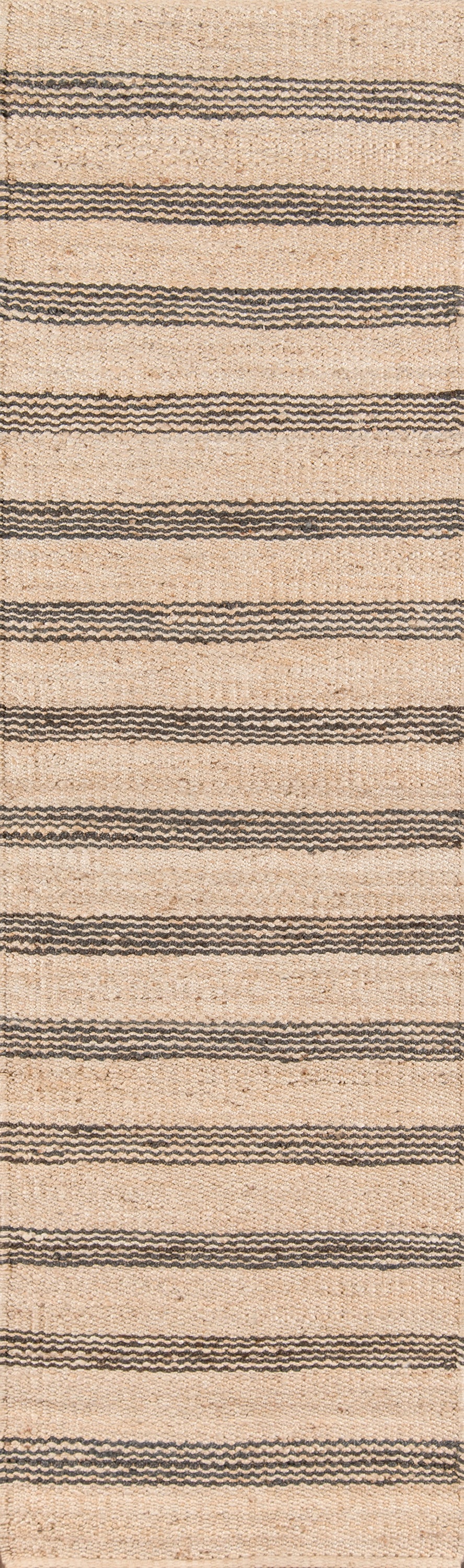 Rectangular beige woven rug with narrow dark brown zigzag stripes on a natural jute texture.