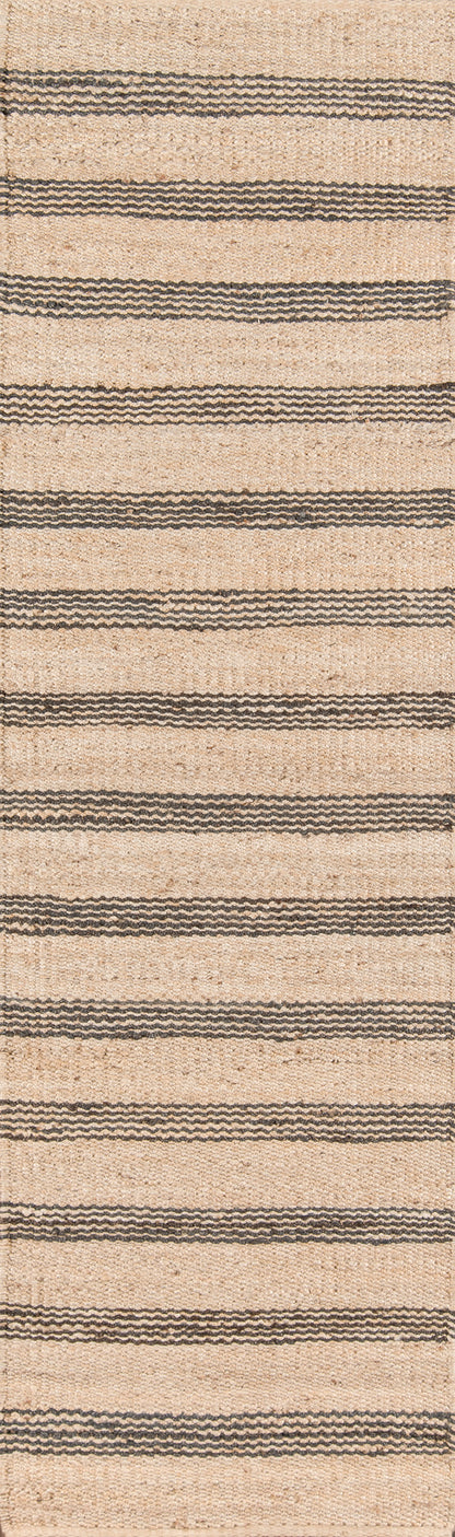 Rectangular beige woven rug with narrow dark brown zigzag stripes on a natural jute texture.