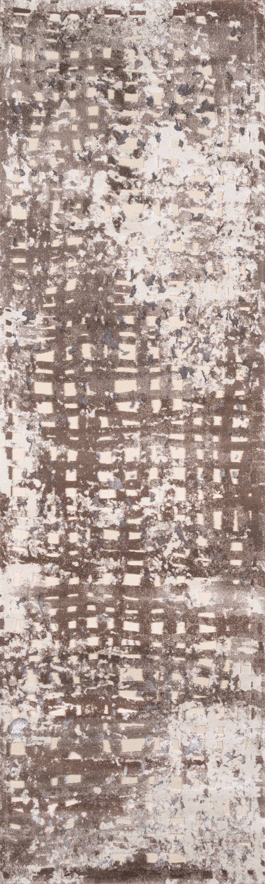 Rectangular rug in brown, beige and cream with a distressed checker-grid pattern; textured, modern abstract style.