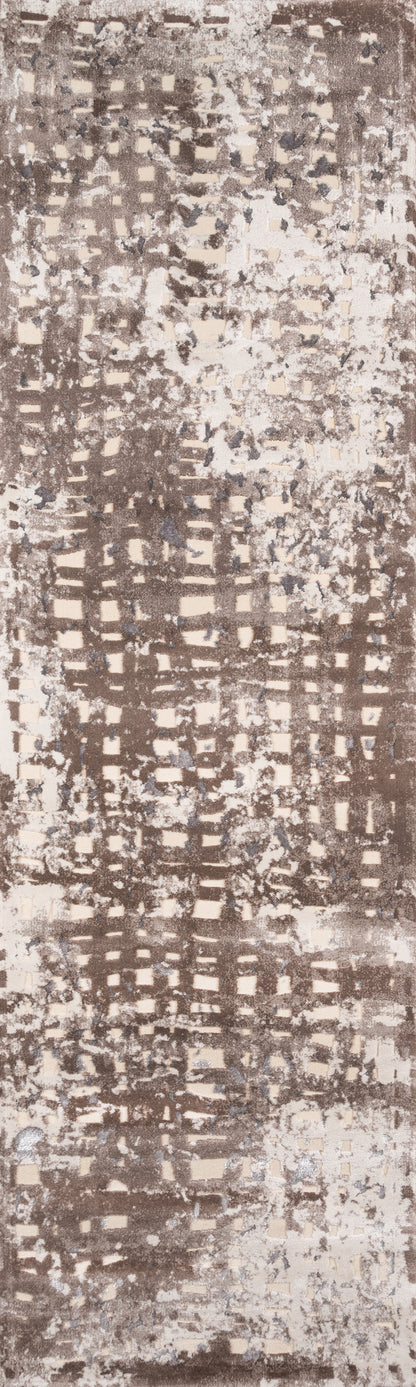 Rectangular rug in brown, beige and cream with a distressed checker-grid pattern; textured, modern abstract style.