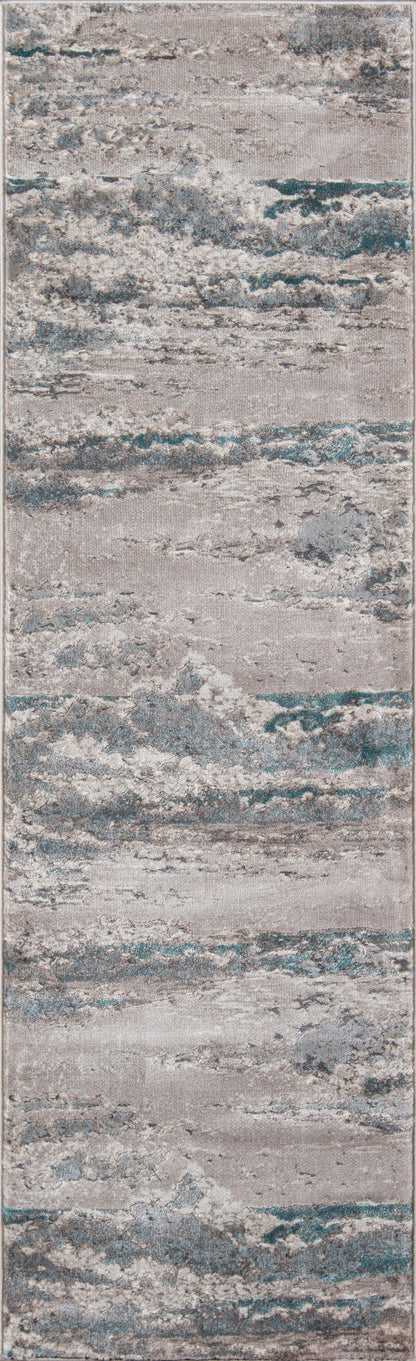 Monterey rug, rectangular, beige-gray base with teal distressed accents; soft textured modern area rug for living rooms