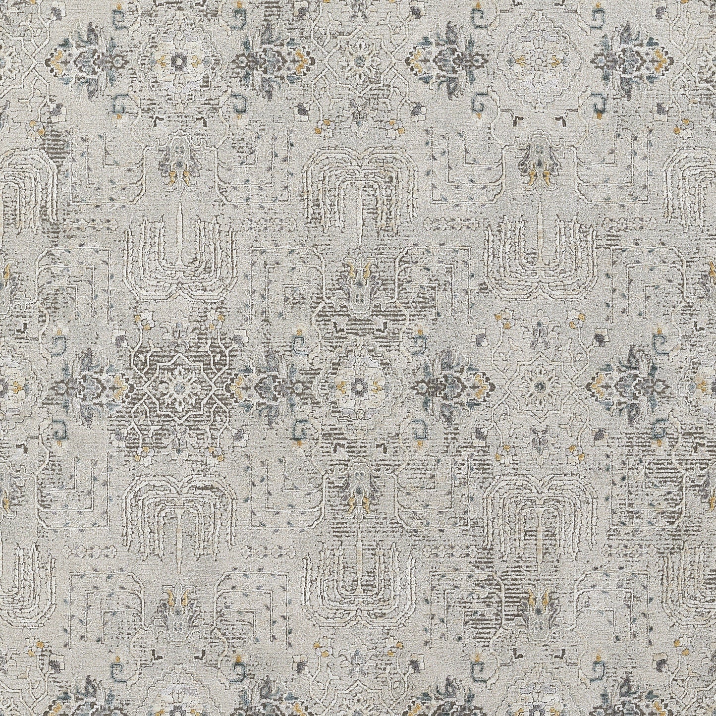 Grey distressed oriental area rug with geometric motifs in blue, ivory and yellow accents; woven rug for living room decor.