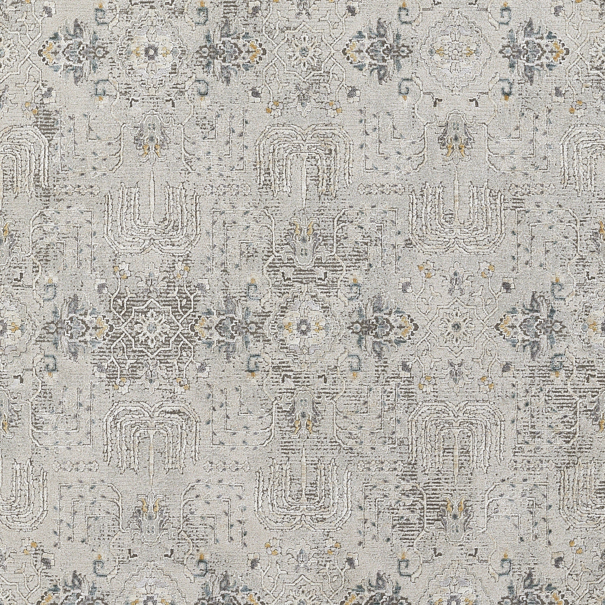 Grey distressed oriental area rug with geometric motifs in blue, ivory and yellow accents; woven rug for living room decor.