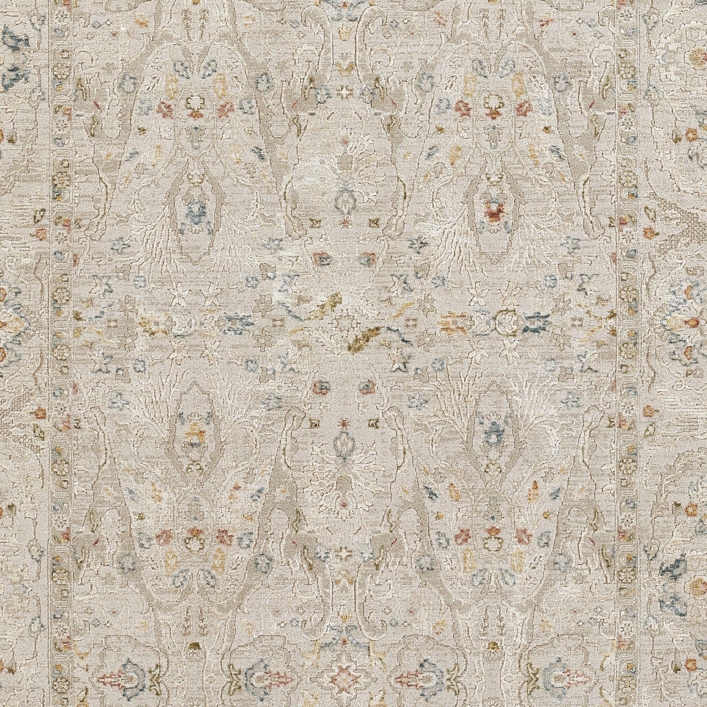 Beige vintage damask area rug with soft blue, blush pink, and gold accents; rectangular, plush textured with ornate border.