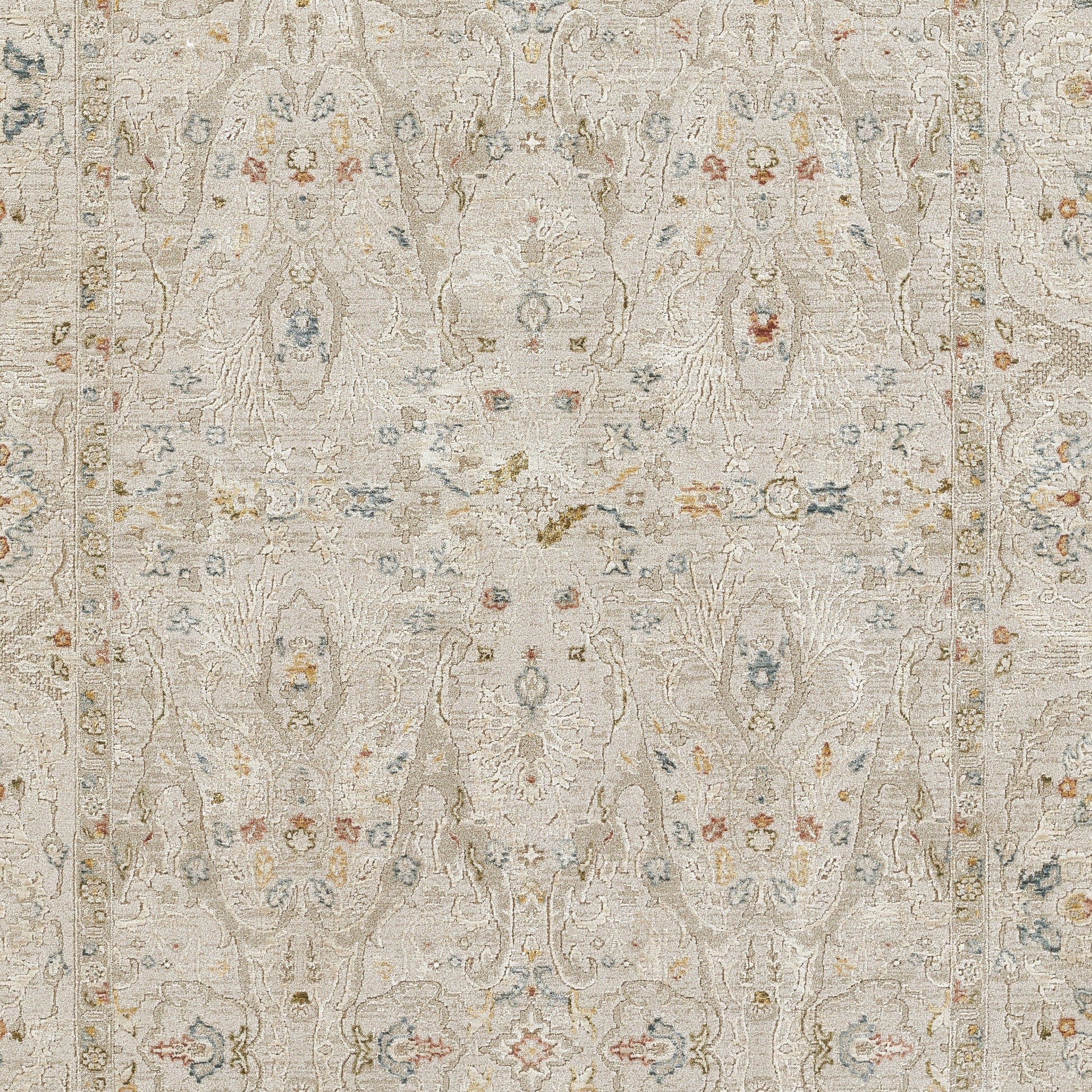 Beige vintage damask area rug with soft blue, blush pink, and gold accents; rectangular, plush textured with ornate border.