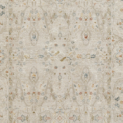 Beige vintage damask area rug with soft blue, blush pink, and gold accents; rectangular, plush textured with ornate border.