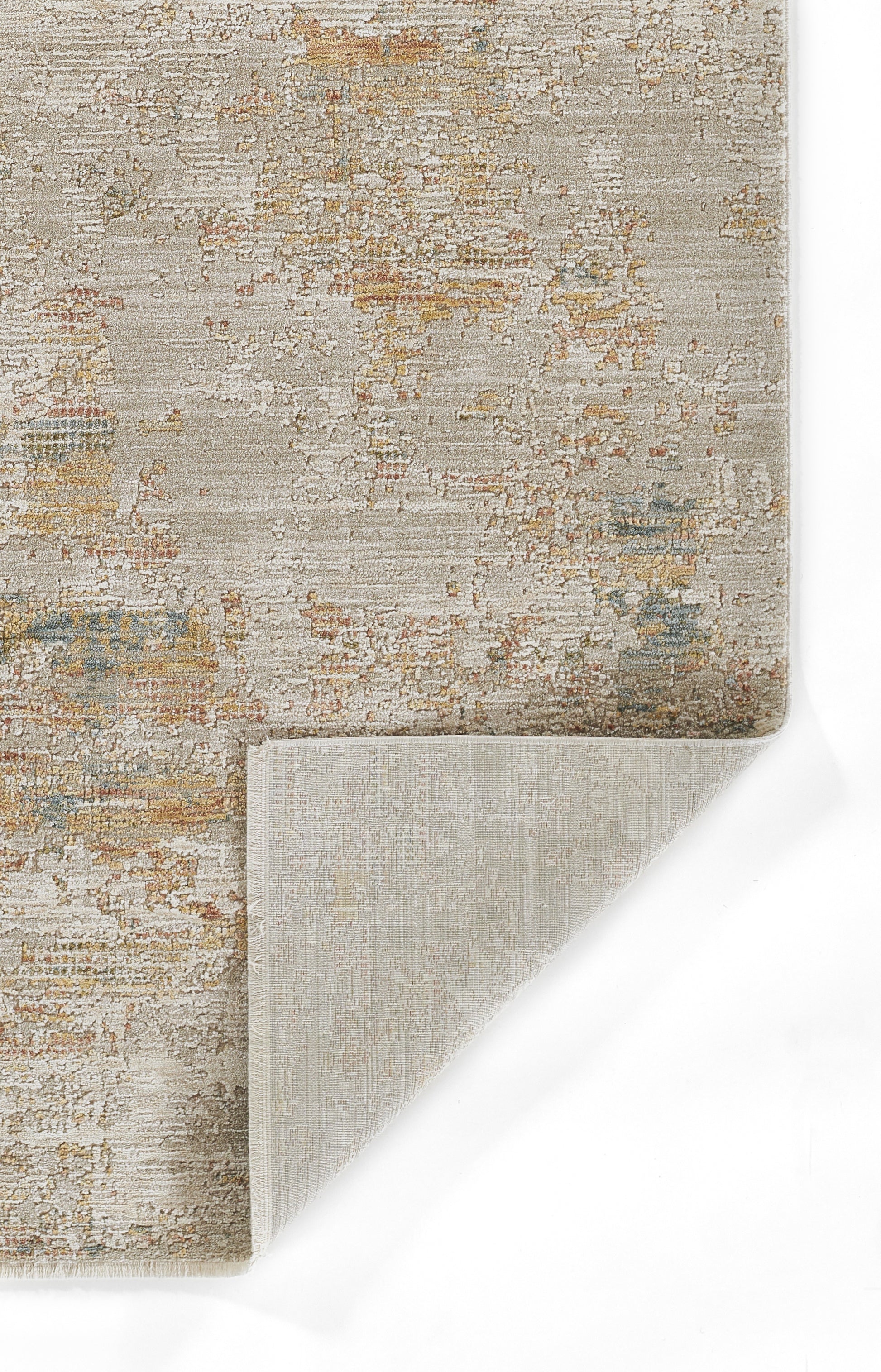 Beige rectangular rug with a distressed vintage pattern; soft texture with muted blue, rust and amber accents.