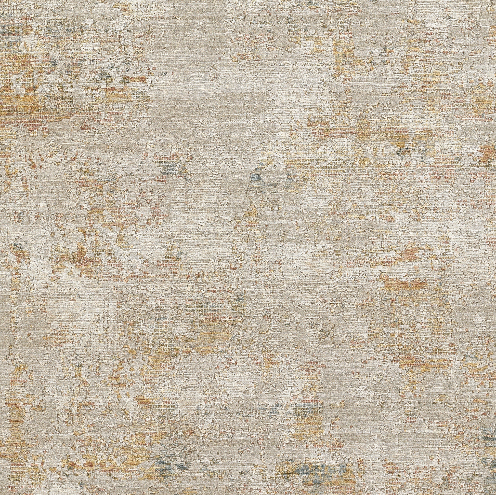 Rectangular beige area rug with a muted distressed floral pattern in tan, gold & blue-grey; textured woven surface.