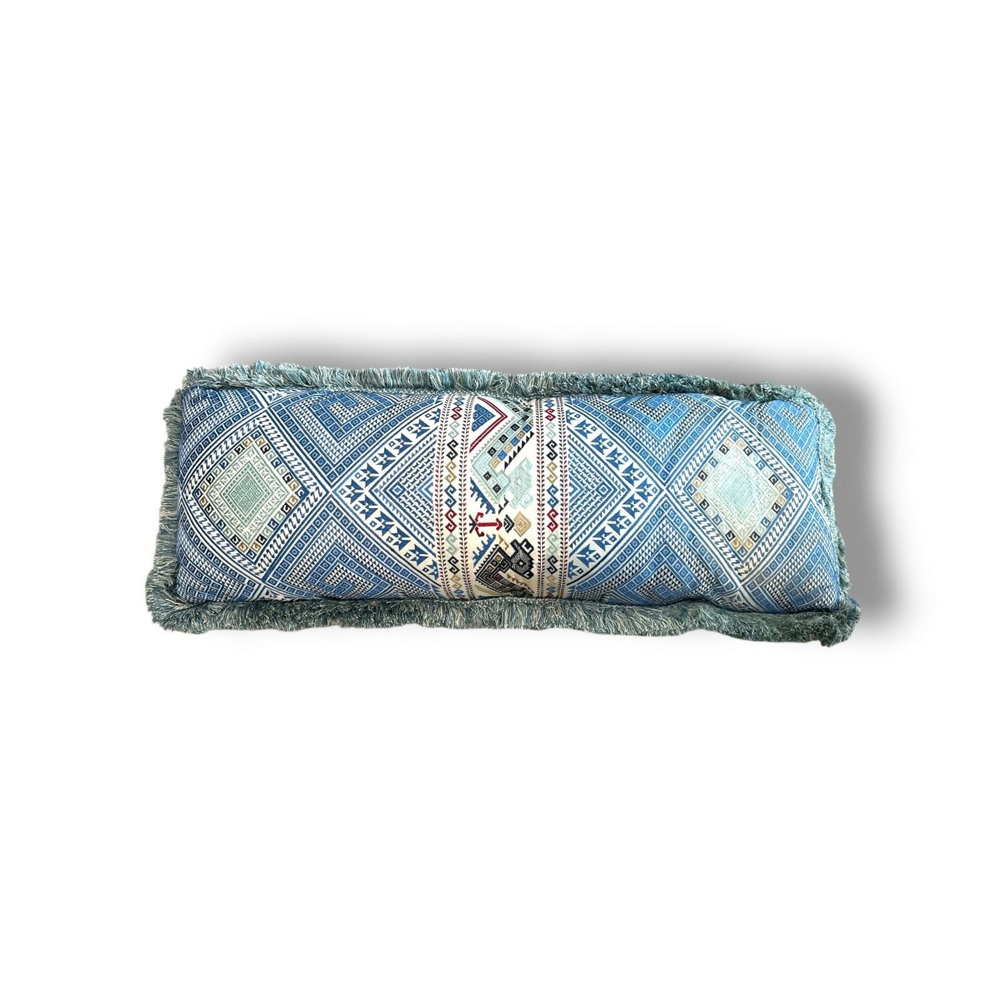 14" x 36" Silverwood Studio Blue Geometric Kilim Lumbar Pillow Cover with Fringe