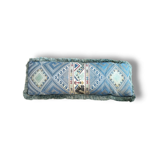 14" x 36" Silverwood Studio Blue Geometric Kilim Lumbar Pillow Cover with Fringe